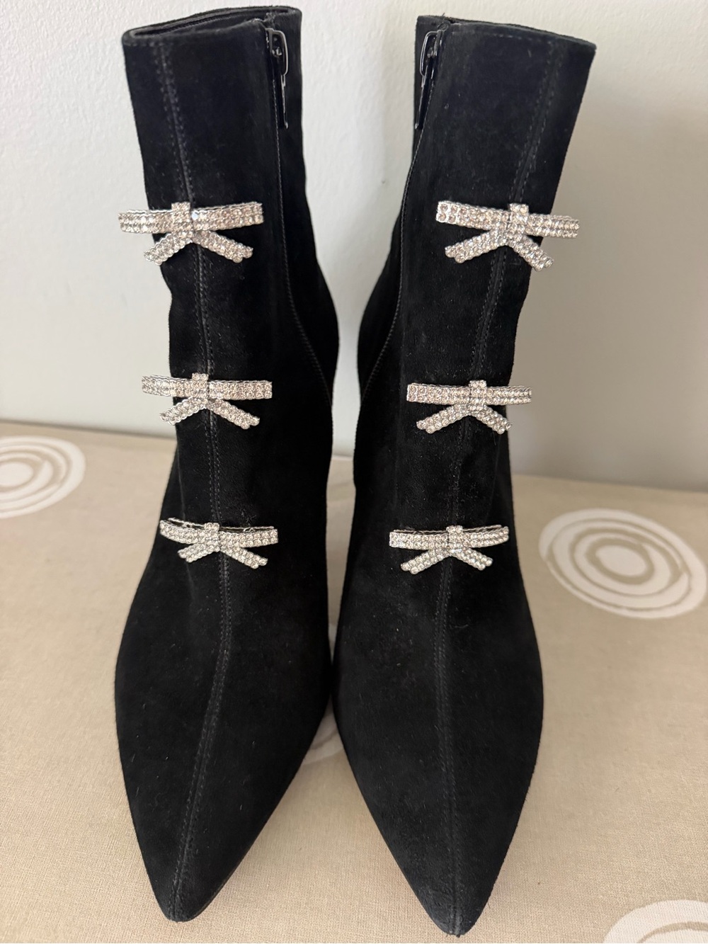 Gianni Bini Black Suede Pointed Toe Ankle Boots with Crystal Bow Trim